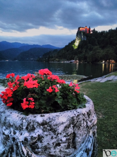 Bled Castle at night.